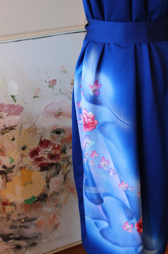 Handmade Vintage Silk Kimono Dress, Hand Painted Aurora Royal Blue, Unique gift, Authentic Kimono Remake, Kimono Fashion, Japanese Clothing | MakerPlace by Michaels Handmade Vintage Silk Kimono Dress, Hand Painted Aurora Royal Blue, Unique gift, Authentic Kimono Remake, Kimono Fashion, Japanese Clothing | MakerPlace by Michaels